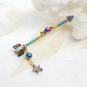 14g Rainbow Steel Arrow Industrial Barbell with Star Dangle, Scaffold Earring, Industrial Piercings, Body Jewelry, Rainbow Barbell