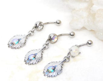 Peacock Feather Dangle Belly Ring, 14g Surgical Steel, Body Jewelry, Navel Ring