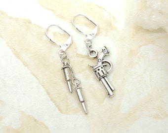 Mismatched Revolver / Bullet Earrings, Bullet Dangle Earrings, Revolver Pistol Earrings, Handcuff Earrings, Mismatched Earrings