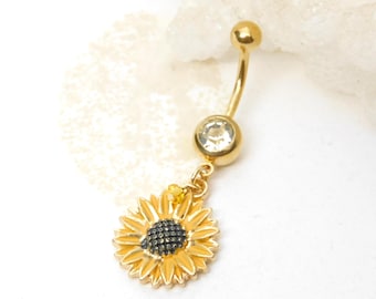 Sunflower Dangle Belly Ring, Navel Piercings, 14g Curved Barbell, Sunflowers