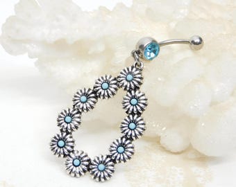 Turquoise Flower Dangle Belly Ring, Navel Jewelry, 14g, Boho Western Cowgirl