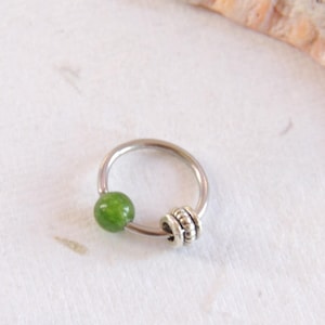 Green Jade Beaded Cartilage Hoop Earring with Removable Bead, CBR Captive Bead Rings, Tragus Helix Daith Nose Ring, 14g 16g