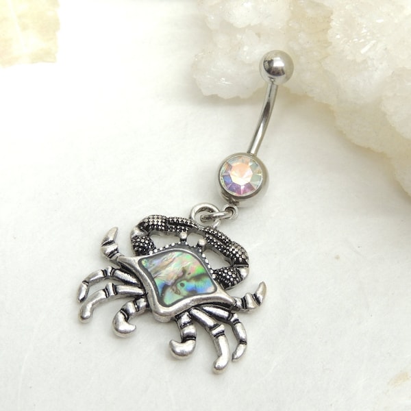 14g Abalone Crab Belly Ring, Belly Button Jewelry, Nautical Beach Ocean Themed Crab Jewelry