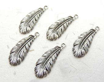 Silver Feather Charms 5 pc 10 pc, Charms and Supplies, Silver Charms, Jewelry Making Supply Charms, Scrapbooking Charms, Feather Charm