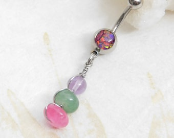 Wire Wrapped Gemstone Belly Ring with Pink Sapphire Green Aventurine Amethyst on Opal Barbell, Body Jewelry, 14g