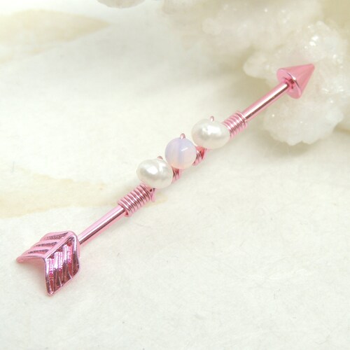 Pink Gem Wire Wrapped Industrial Barbell Scaffold Ear Etsy