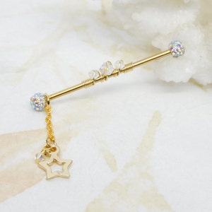 14g Celestial Star Industrial Barbell, Scaffold Earring, Gold Industrial Bar, Industrial Piercings, Body Jewelry