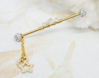 14g Celestial Star Industrial Barbell, Scaffold Earring, Gold Industrial Bar, Industrial Piercings, Body Jewelry