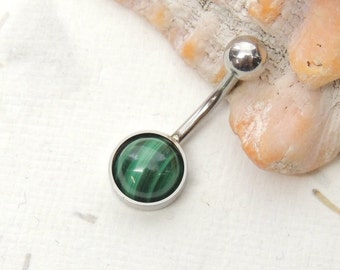 Malachite Belly Ring 8mm Stone, Gemstone Belly Ring, Navel Rings, Non Dangle Simple Belly Ring, Body Jewelry