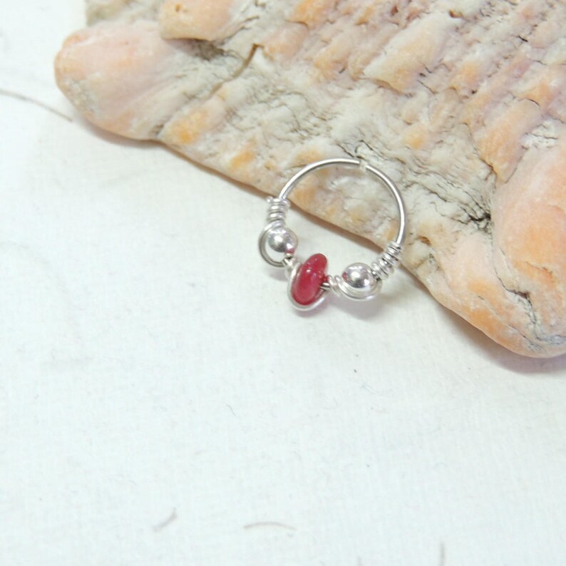 Cartilage Hoop Earring Wire Wrapped Ruby Beaded Nose Hoop Tragus Helix Orbital Cartilage Hoop Earring 20g Endless Hoops