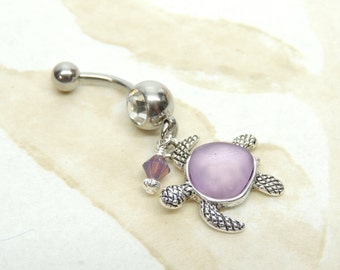 Sea Glass Turtle Belly Ring, Beach Belly Button Navel Piercing, Nautical Beach Ocean Belly Ring, Handmade Womens Gift