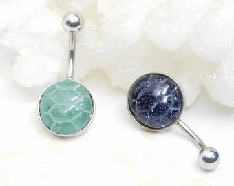 Turtle Belly Ring Green Aventurine or Blue Goldstone, Non-Dangle Belly Ring, Curved Barbell, Navel Piercings