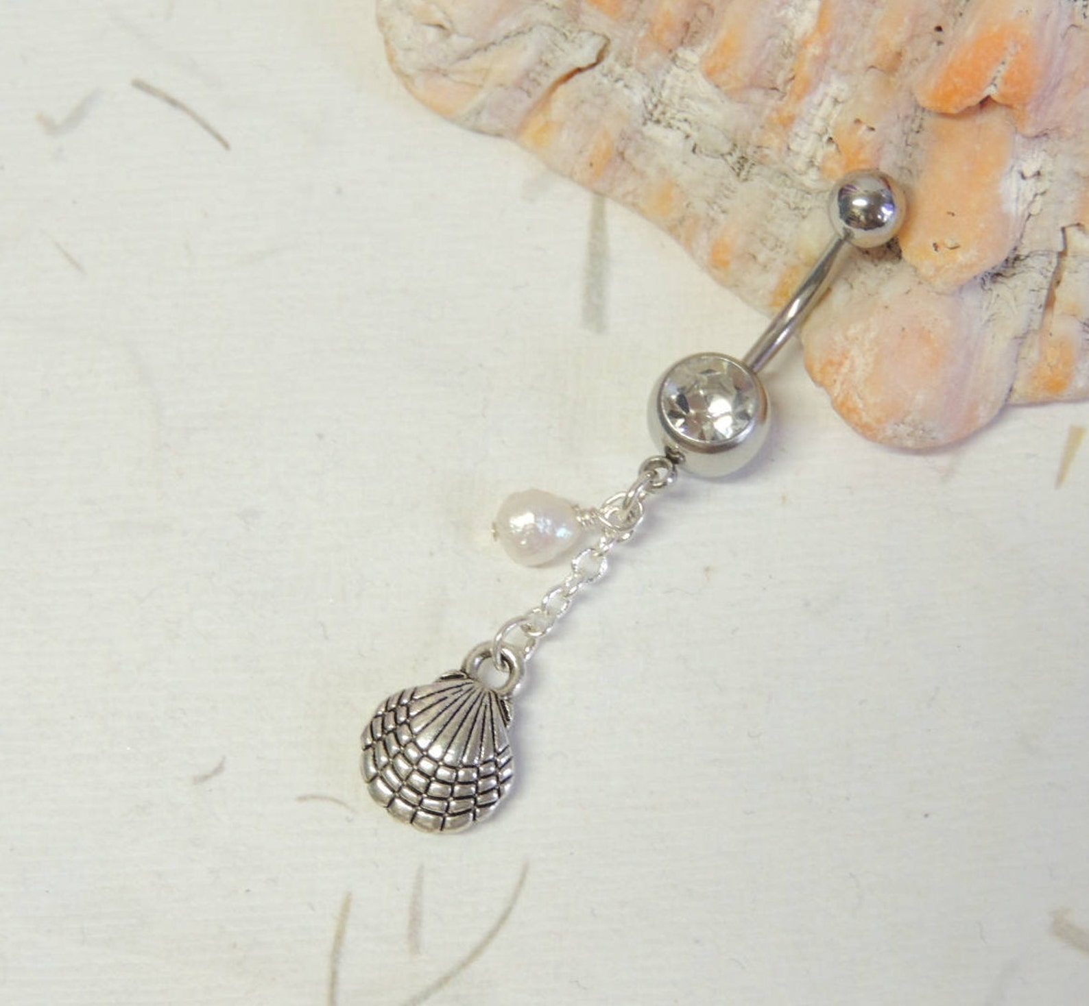 Sea Shell Belly Button Ring With Pearl Dangle You Choose Charm, Dangle ...