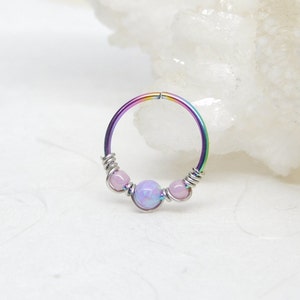 Lavender Opal Beaded Cartilage Hoop, Septum Nose Ring Hoop, Helix Daith Orbital Piercing, Seamless Hoops, Opal Body Jewelry image 5