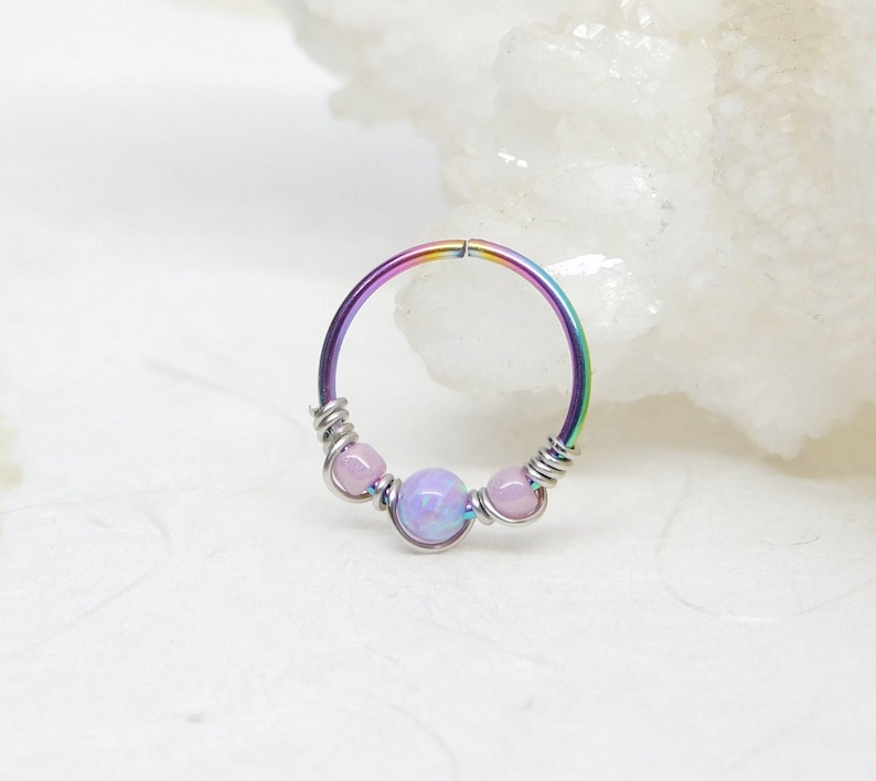 Lavender Opal Beaded Cartilage Hoop, Septum Nose Ring Hoop, Helix Daith Orbital Piercing, Seamless Hoops, Opal Body Jewelry image 5