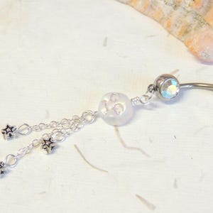 Moon and Stars Belly Ring You Choose Color, Belly Button Jewelry, Opalite Moon Belly Ring, Long Dangle Belly Ring