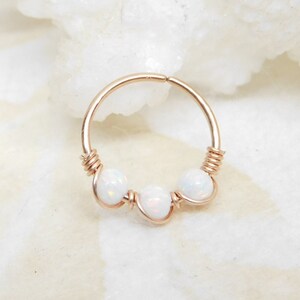 White Opal Rose Gold Cartilage Hoop Earring, Septum Nose Ring Hoop, Helix Daith Orbital Piercing, Seamless Hoops, Opal Nose Ring