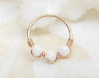 White Opal Rose Gold Cartilage Hoop Earring, Septum Nose Ring Hoop, Helix Daith Orbital Piercing, Seamless Hoops, Opal Nose Ring