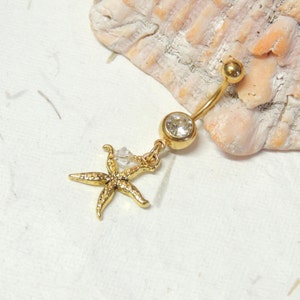 Gold Starfish Belly Button Ring, Dangle Belly Ring, Gold Belly Ring, Starfish Jewelry, Nautical Beach Belly Ring image 1