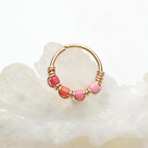 Pretty Pink Snug Fitting Nose Hoop Ring, Nose Ring with Beads, Cartilage Hoop Earring, Bohemian Nose Jewelry, 20g 8mm 10mm Seamless Hoop
