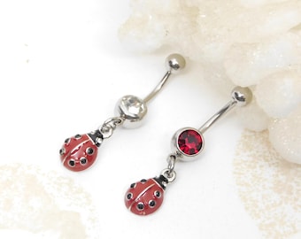 Ladybug Dangle Belly Ring You Choose Barbell Gem Color, Ladybug Jewelry, Navel Rings