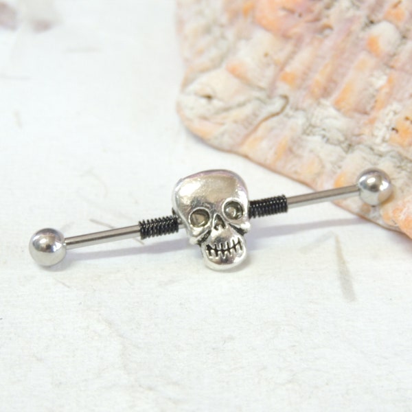 Skull Industrial Barbell, Wire Wrapped Industrial Bar, Scaffold Earring, Industrial Piercings, Body Jewelry