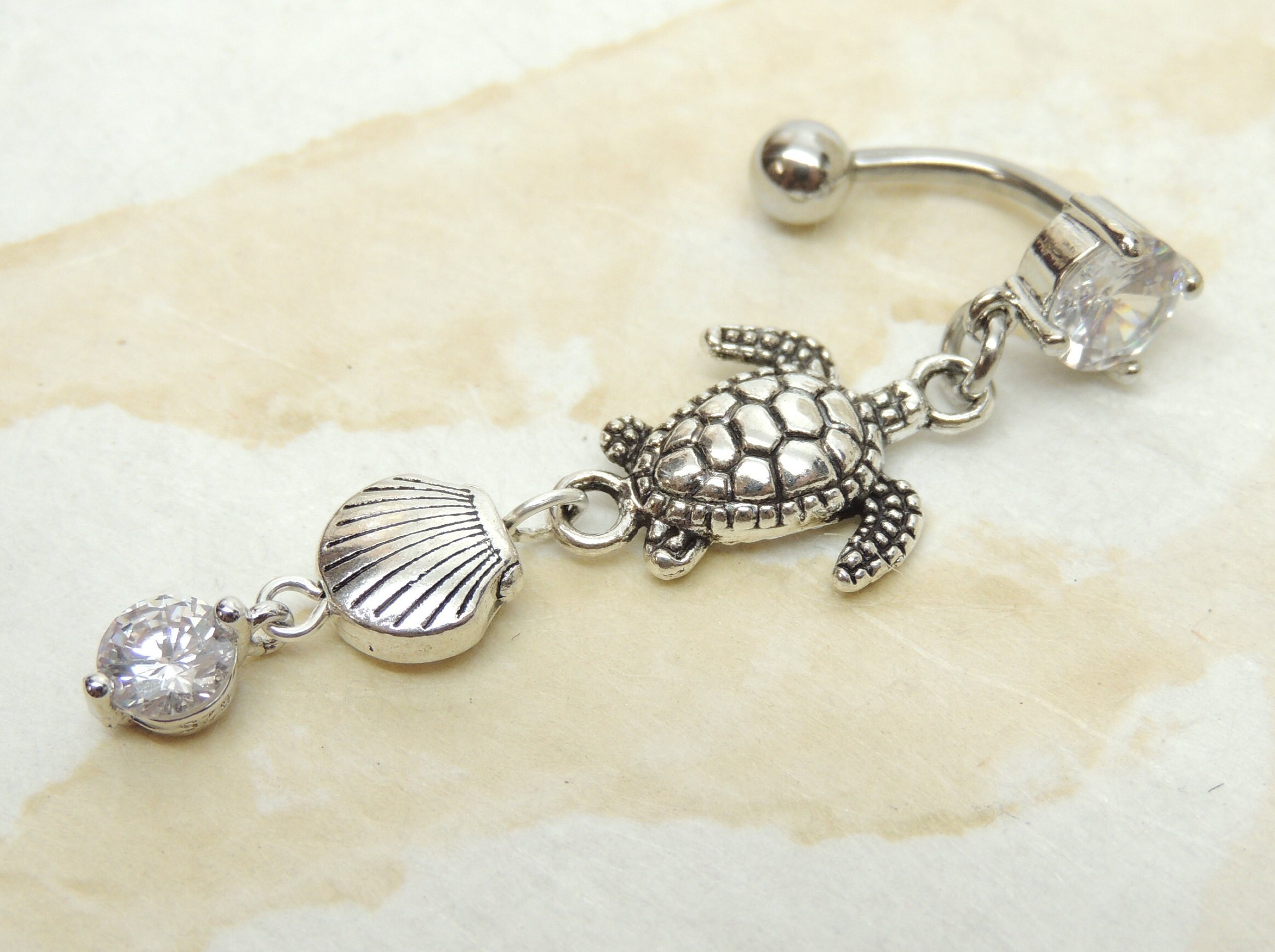 Belly Shell Sea Shell Turtle Sparkle Reverse Belly Ring, Top Down Belly Ring ...