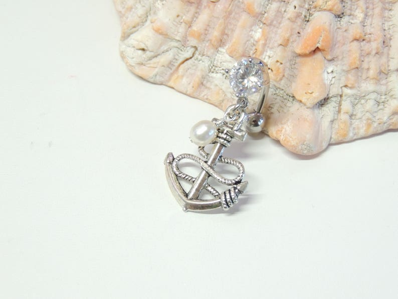 Anchor Belly Button Ring, 14g 16g Reverse Dangle Belly Ring, Belly Button Jewelry, Cute Belly Ring, Nautical Beach Ocean image 3