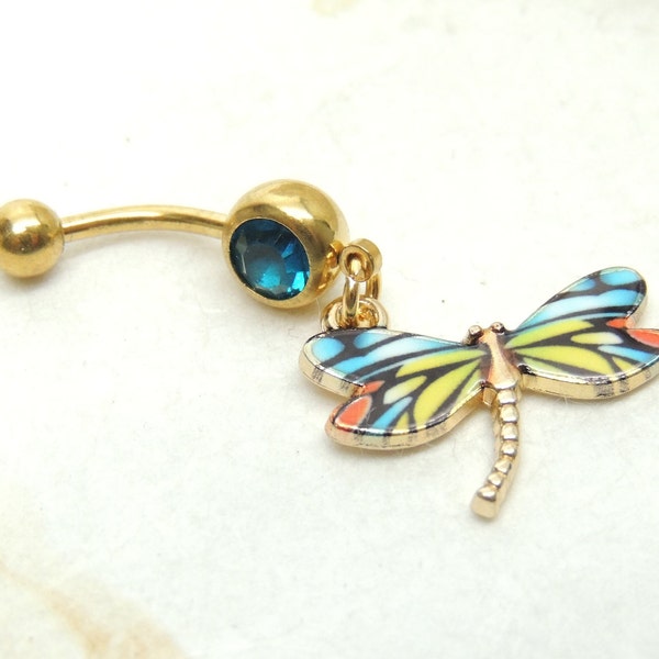 Colorful Dragonfly Belly Ring, Belly Button Jewelry, Charm Belly Ring, Dragonfly Jewelry
