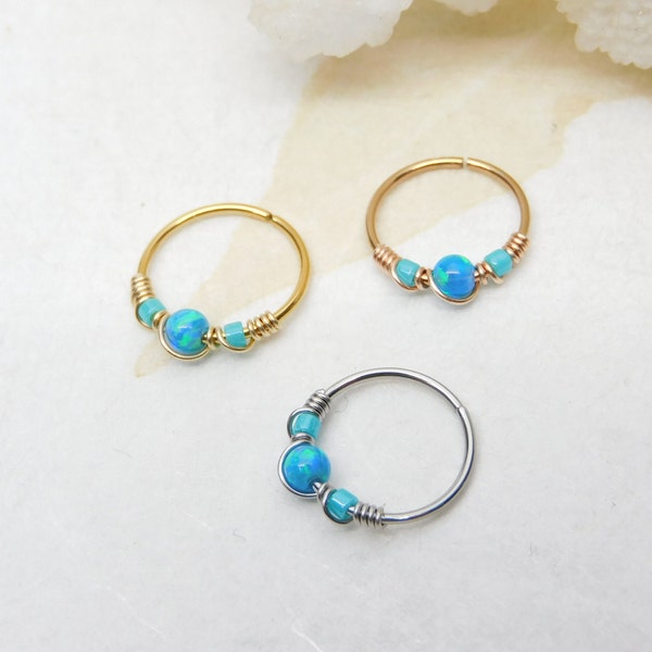 Aro para cartílago con cuentas de ópalo azul turquesa, aro nasal de ópalo, aro para tabique nasal, piercing orbital Helix Daith, aros sin costuras