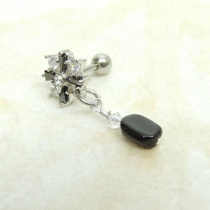 Black and White Cartilage Earring with Black Tourmaline Dangle, Tragus Helix Cartilage Earring Stud, 16g Surgical Steel Barbell