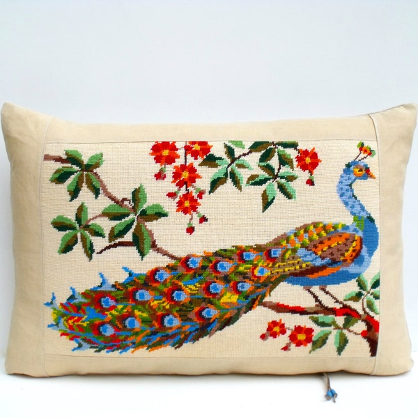 Reserved for Claire French Tapestry Needlepoint Peacock Brights Linen reworked  Pillow Cushion Coussin