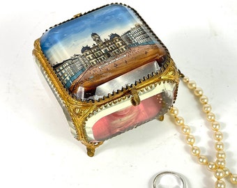 Antique French Ormolu Glass Jewelry Box: Hotel de Ville Lyon, 19th C.