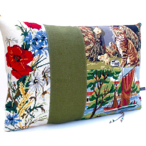 Collage French Needlepoint Tapestry Meadow Flowers Poppy Provence Cats Chicks Pillow Cushion Coussin