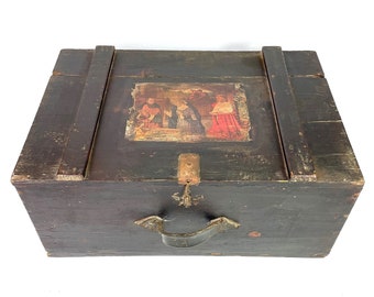 Antique French Large Wood Box Trunk French Religious image 1890