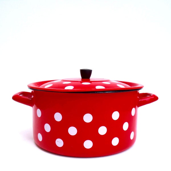 Vintage French Enamel Polka Dot Spotty Red White Large Lidded Casserole Pot Shabby Chic Enamelware Kitchenalia