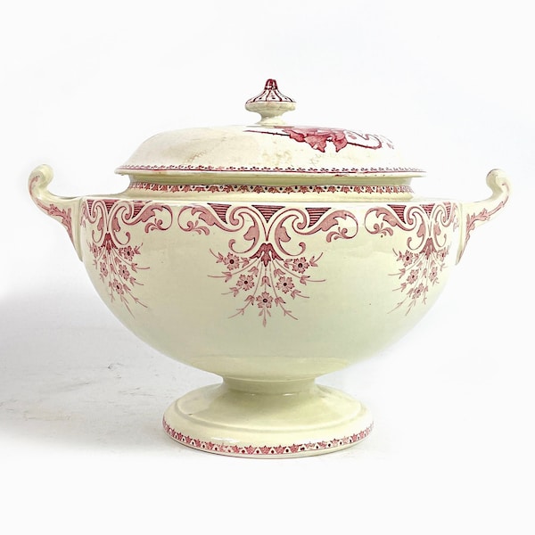 French Ironstone Tureen antique Luneville K & G Shabby Chic Soupiére Rose Pink /Claret