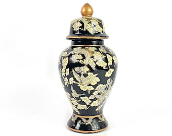 Art deco French enamelware Temple/Ginger Jar decorated with Egrets-  Gold & Ivory on black 1920&#39;s
