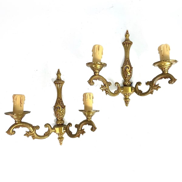 French Louis style gilded bronze double lamp wall Lights Sconces PAIR electric