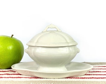 French Condiment Moutardier Mustard pot lidded terrine style  White Porcelain / Limoges