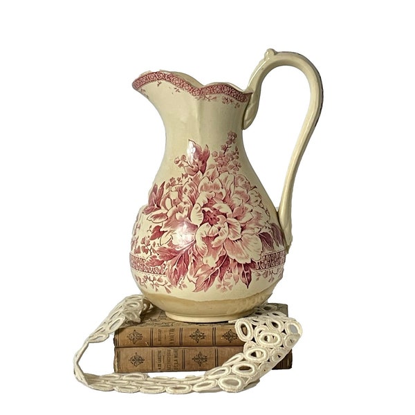 Large French antique MIREILLE Roses Pink Claret Jug Pitcher Gien Ironstone 19th century