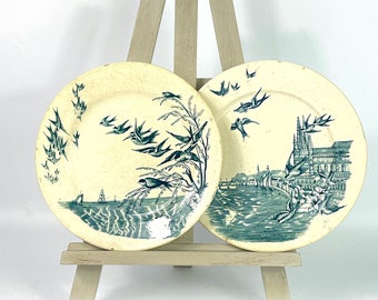 Two/2 French antique ironstone terre de fer plates Faience Swallows Hirondelle 1800&#39;s