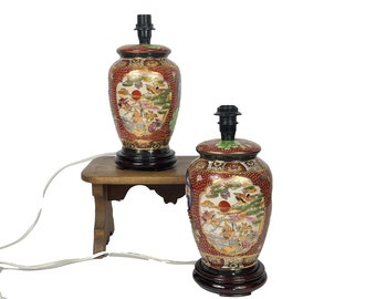 PAIR  of vintage ceramic Chinese Satsuma style table lamp bases - matching on wooden bases -/fully wired