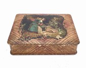 Antique French Paper covered Wooden box Marquetry effect Louis style Treasures Keepsakes hinged lid 1930 39 s