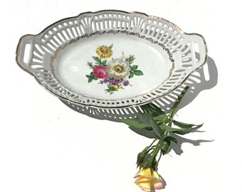 Vintage Schwarzenhammer German porcelain Oval reticulated bowl Floral transfer Bavarian Gilded