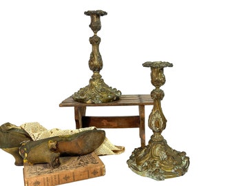 Rare Pair antique bronze French candlesticks Napoleon III ornately decorated insects -exceptionally heavy & as found