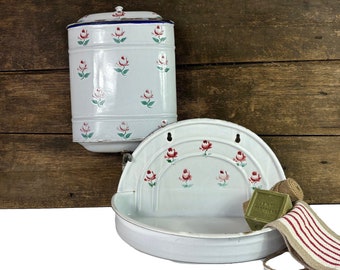 French Vintage Roses white coloured Enamel Lavabo Bowl and Water Closet 1910-20