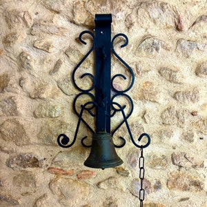 Large antique ancien presbytère cast bronze Door bell with wrought iron support /wall mounted