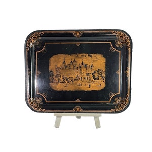Huge Antique Tole ware Schwerin Chateau Lithograph Tray Black & Gold 1900&#39;s