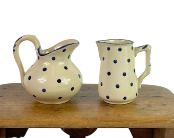 Antique St Clement French Pottery Jugs: Cobalt Polka Dot Creamers